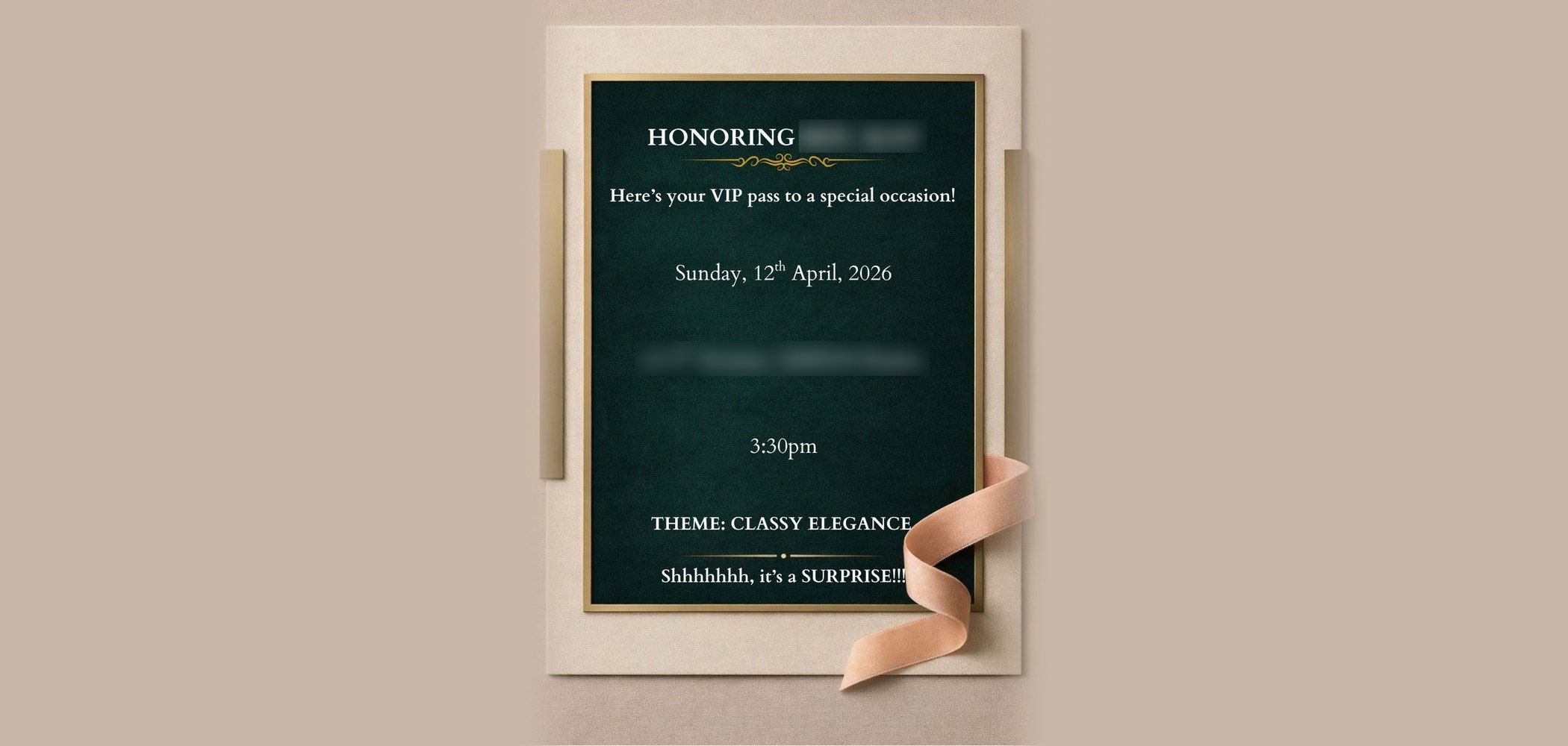 Emerald and gold invitation card for the surprise celebration, themed Classy Elegance
