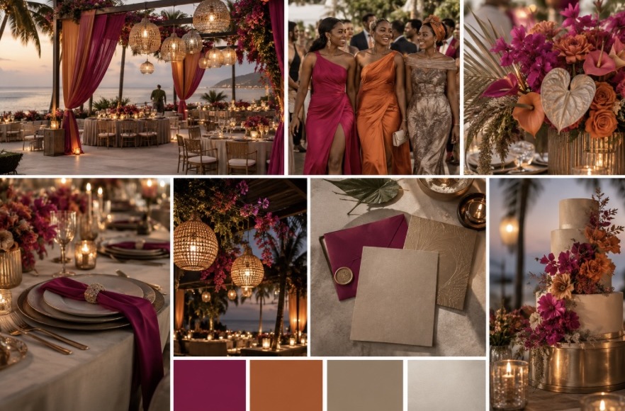Example mood board: a beachfront wedding in magenta, burnt orange and taupe with platinum accents