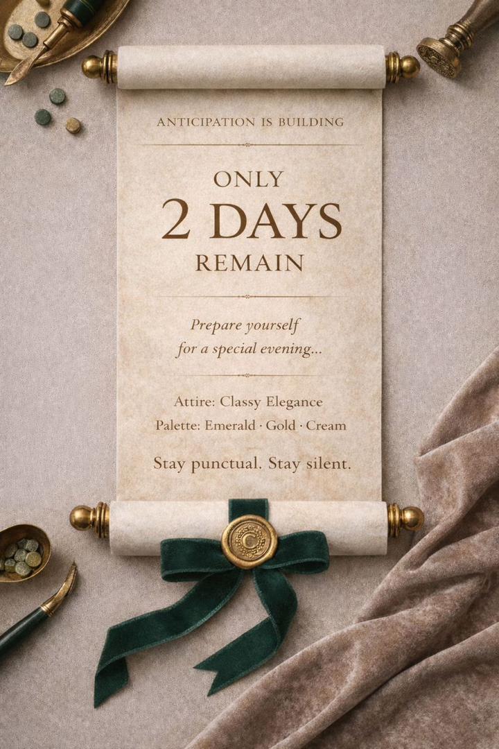 Countdown flyer reading Only 2 Days Remain, with the Classy Elegance dress code