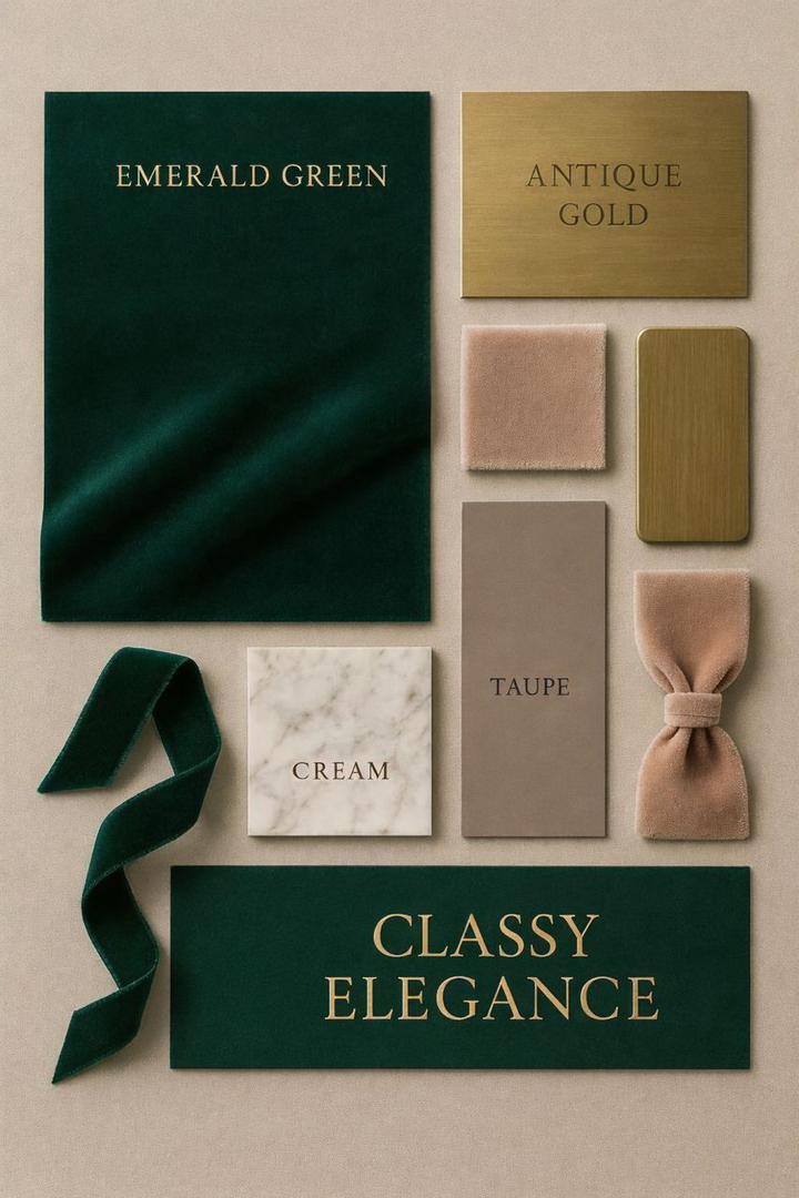 Event colour palette of emerald green, antique gold, cream and taupe