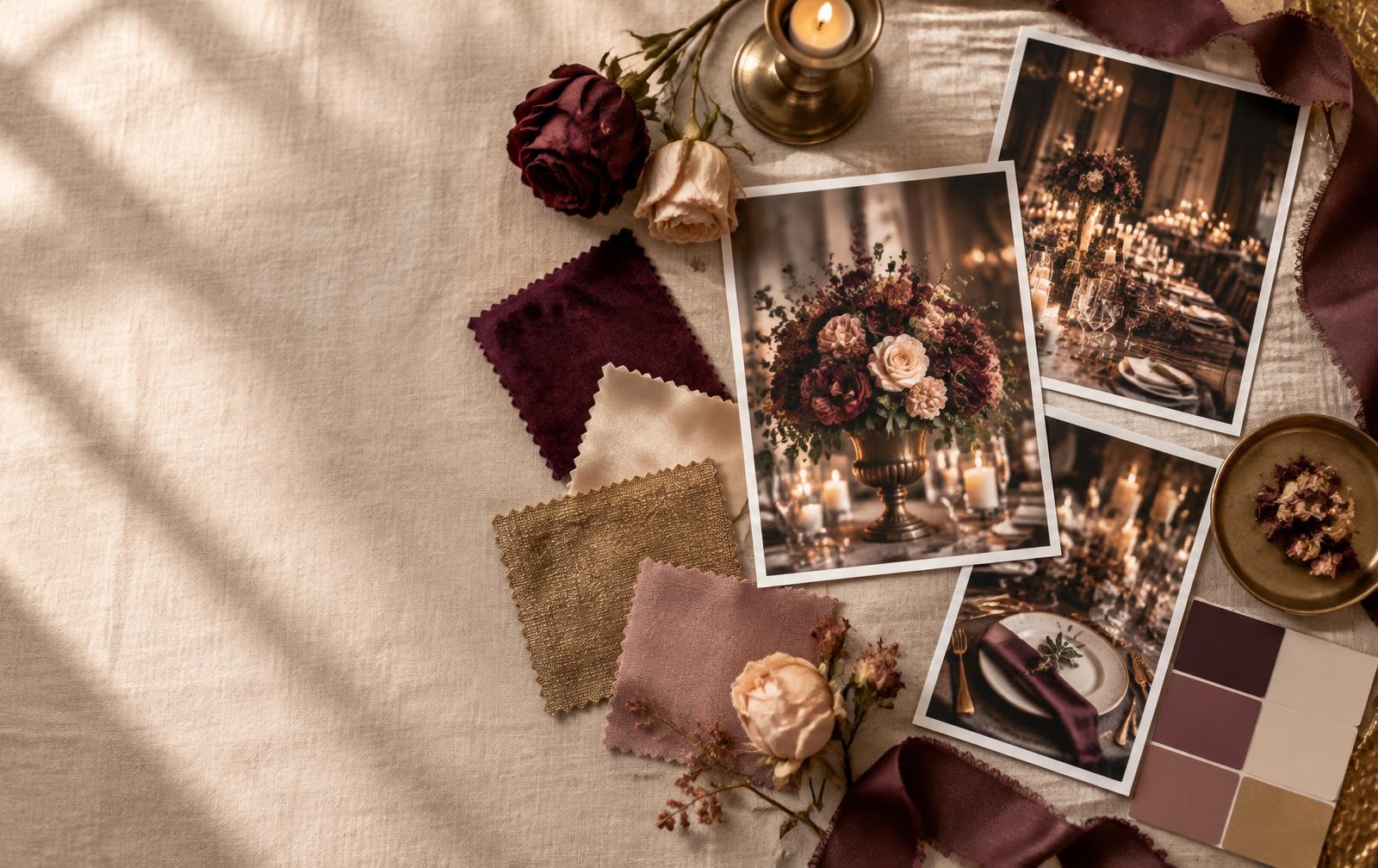 Styled table with plum and gold fabric swatches, roses, candles and event photos